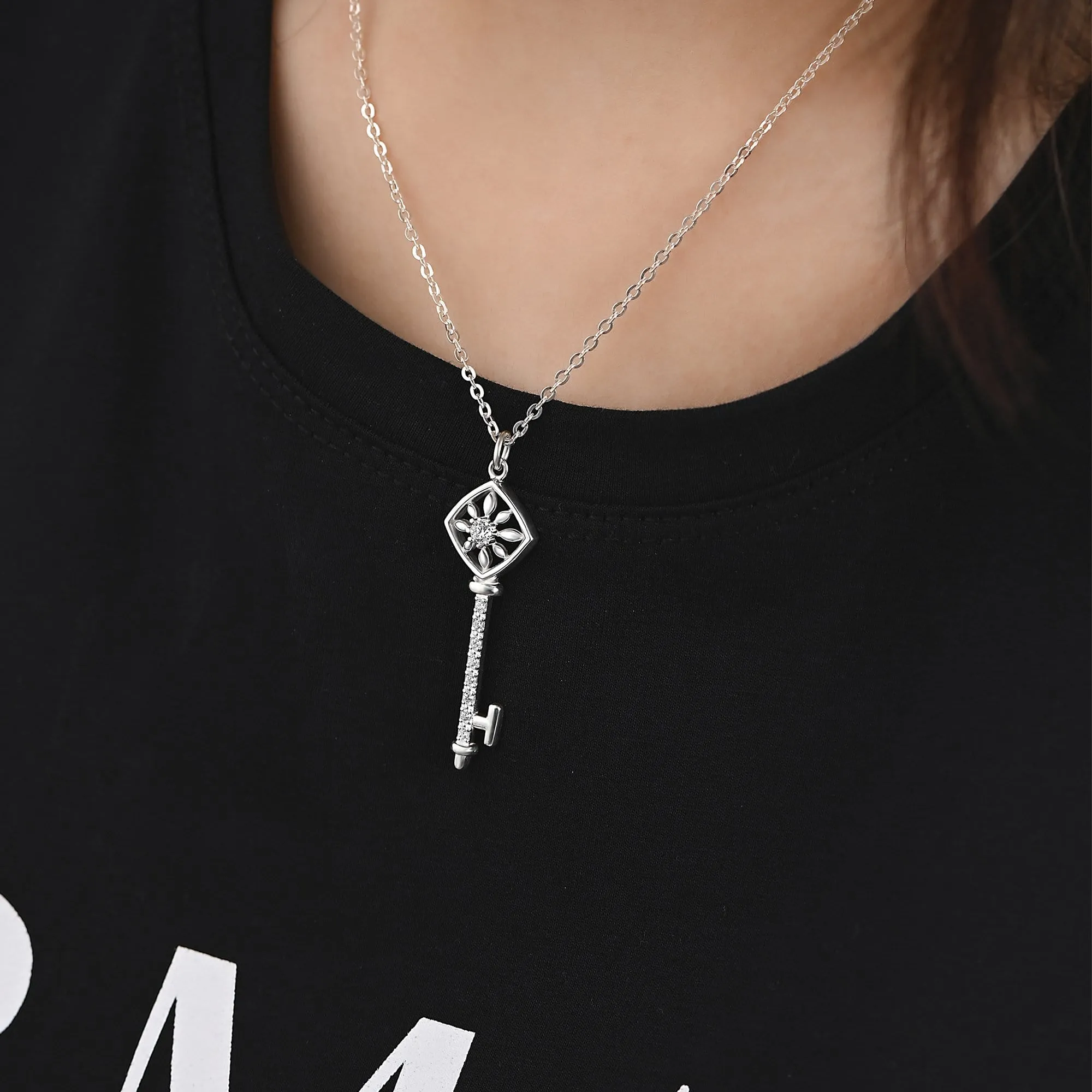 Square Compass Key Necklace Silver