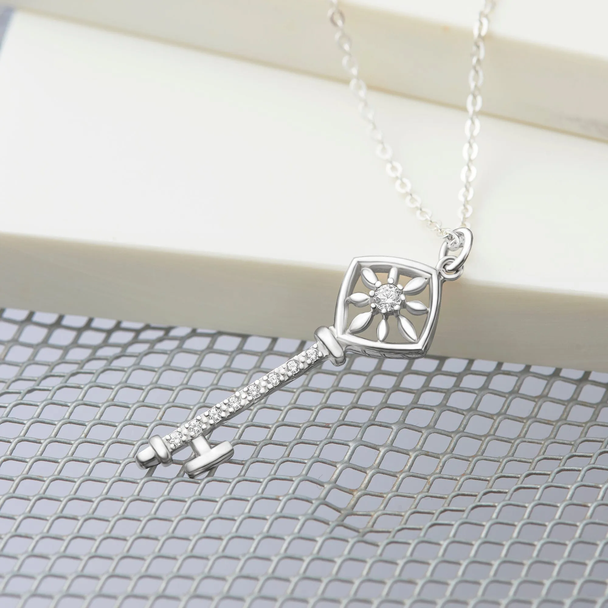 Square Compass Key Necklace Silver