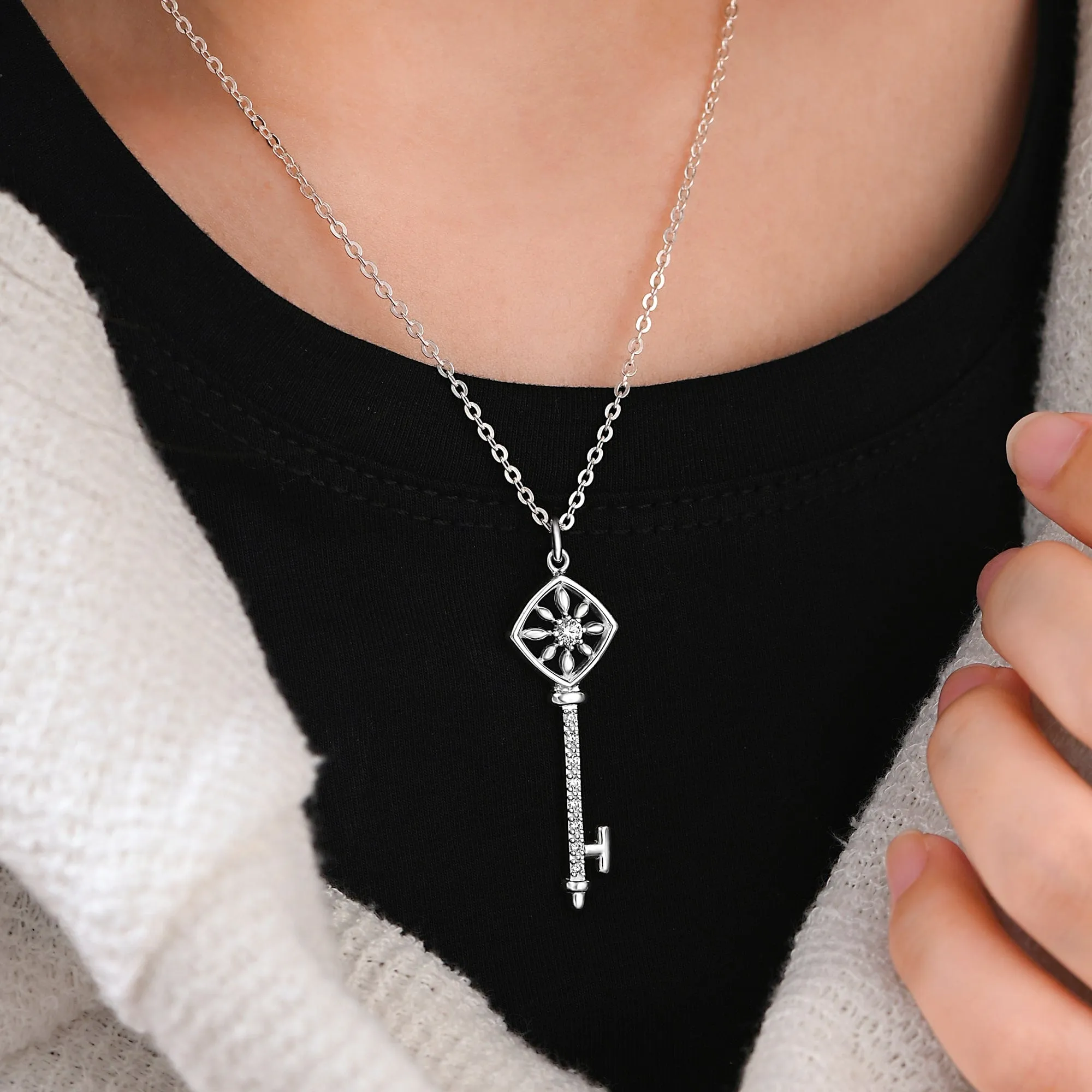 Square Compass Key Necklace Silver