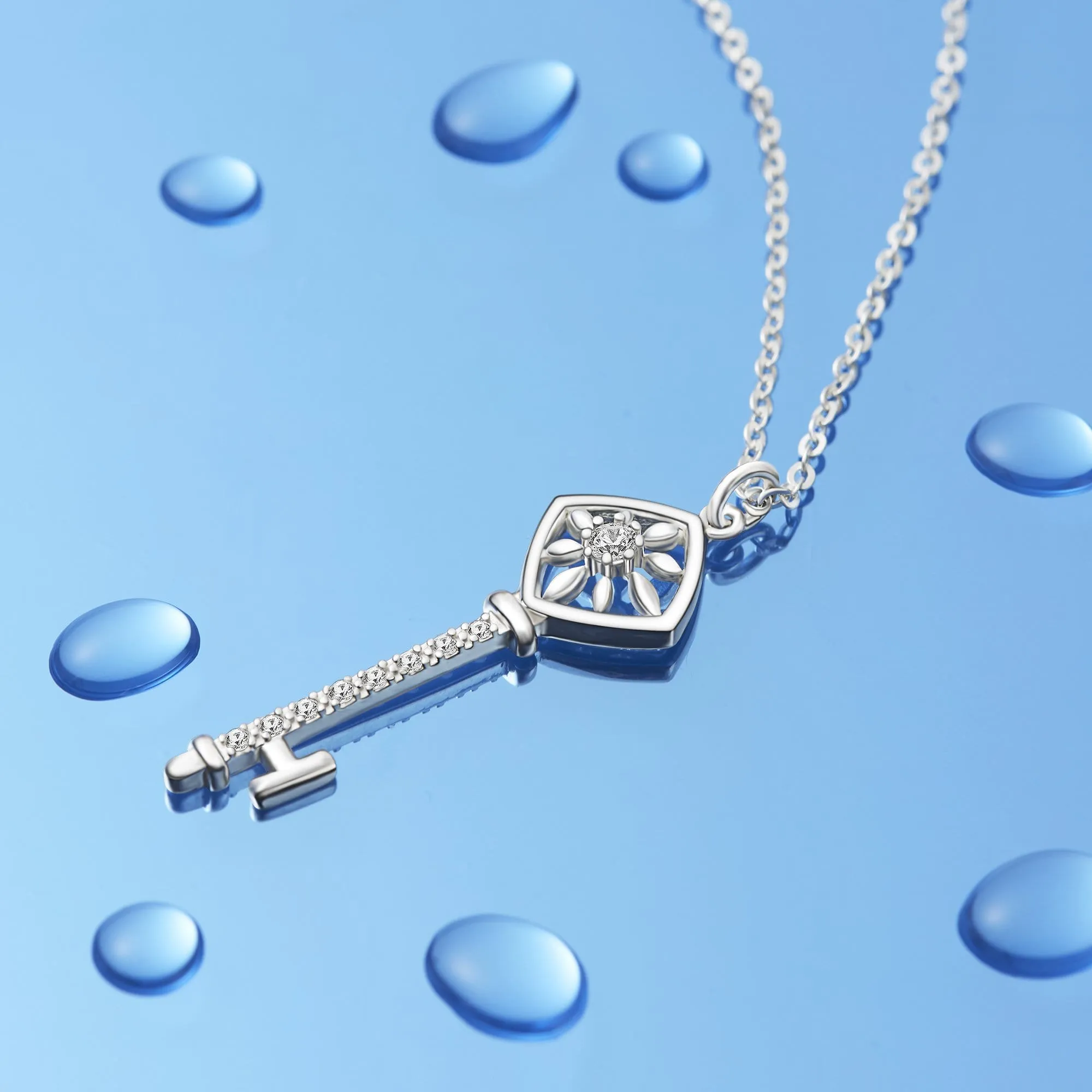 Square Compass Key Necklace Silver