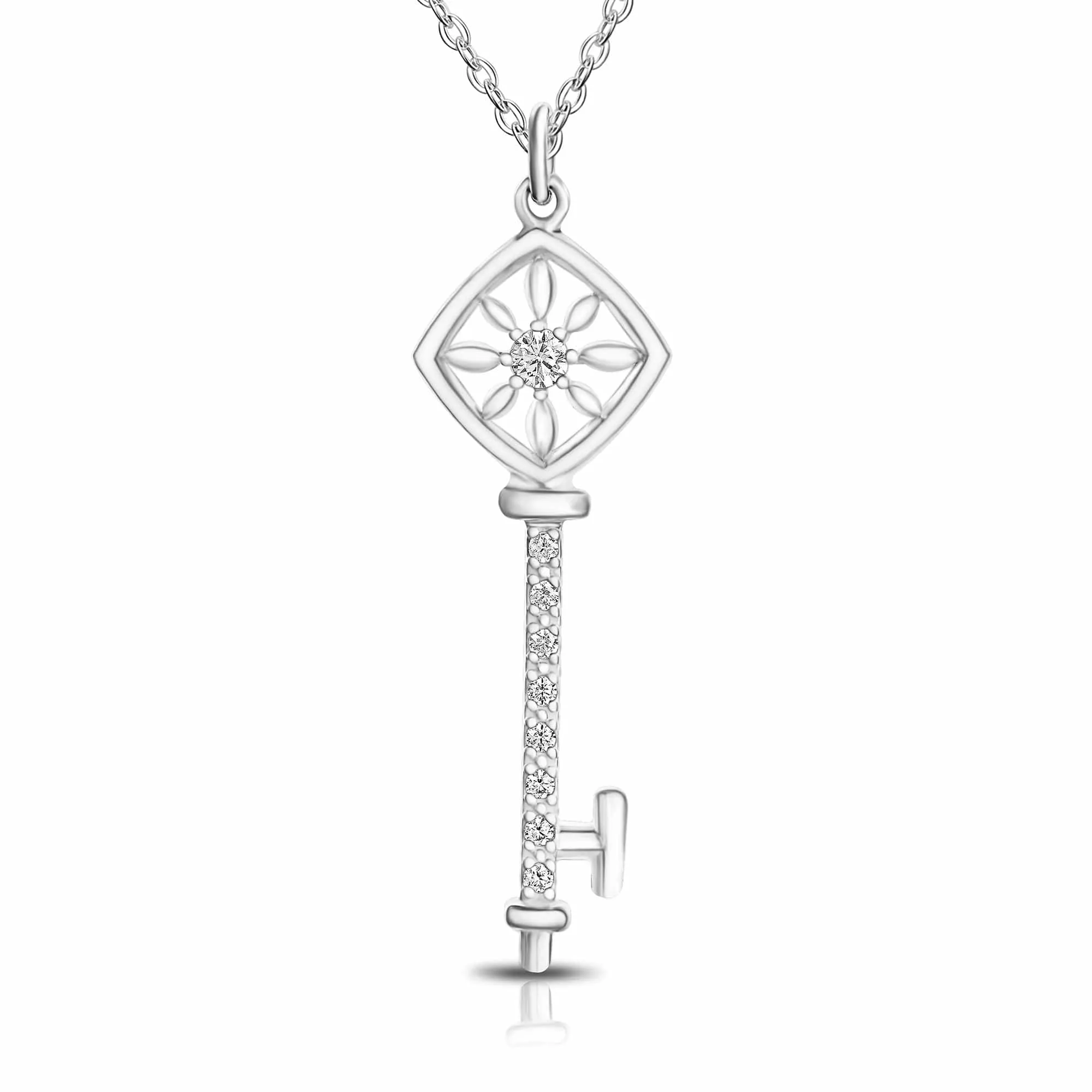 Square Compass Key Necklace Silver