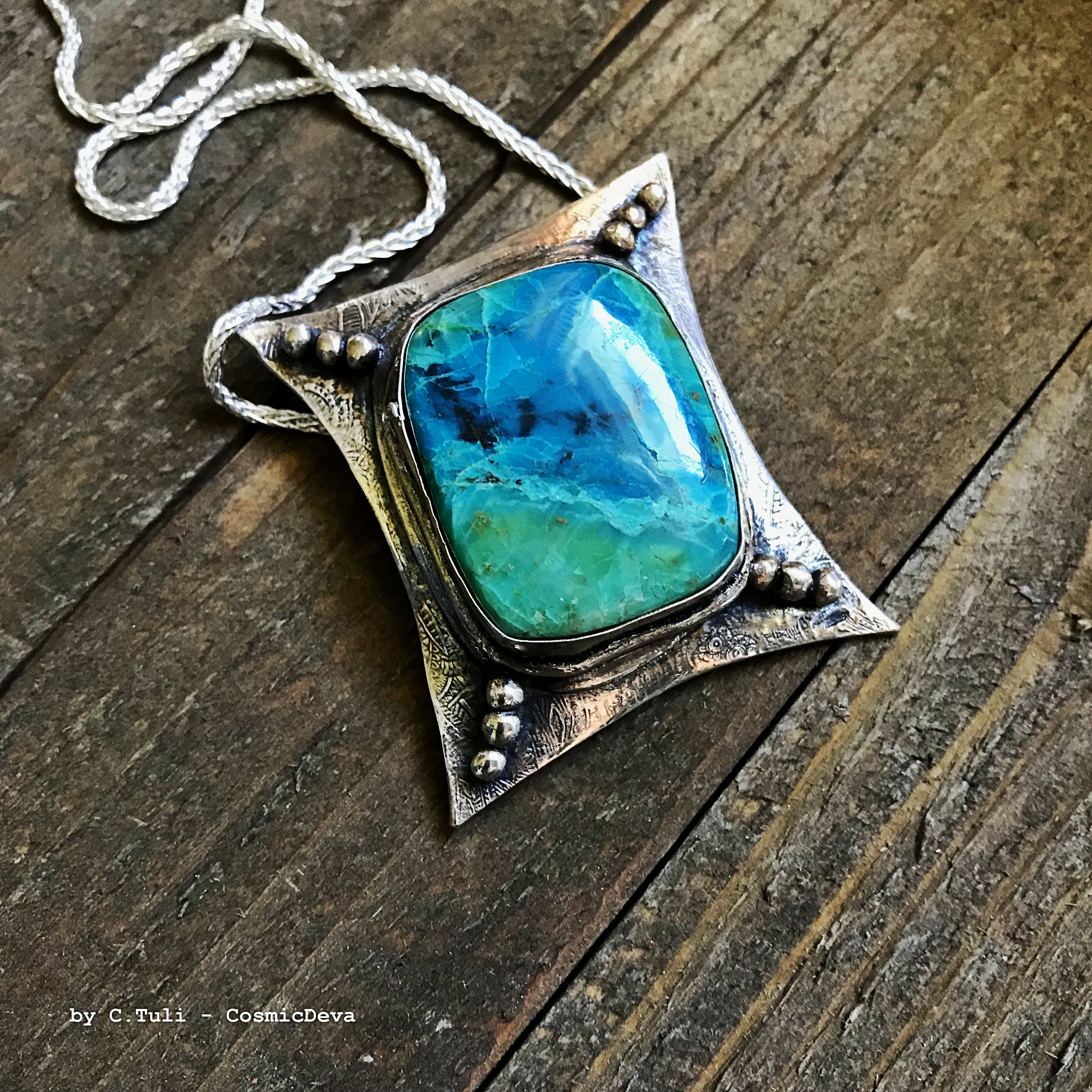 Sterling Silver Pendant Chrysocolla Necklace - Handcrafted