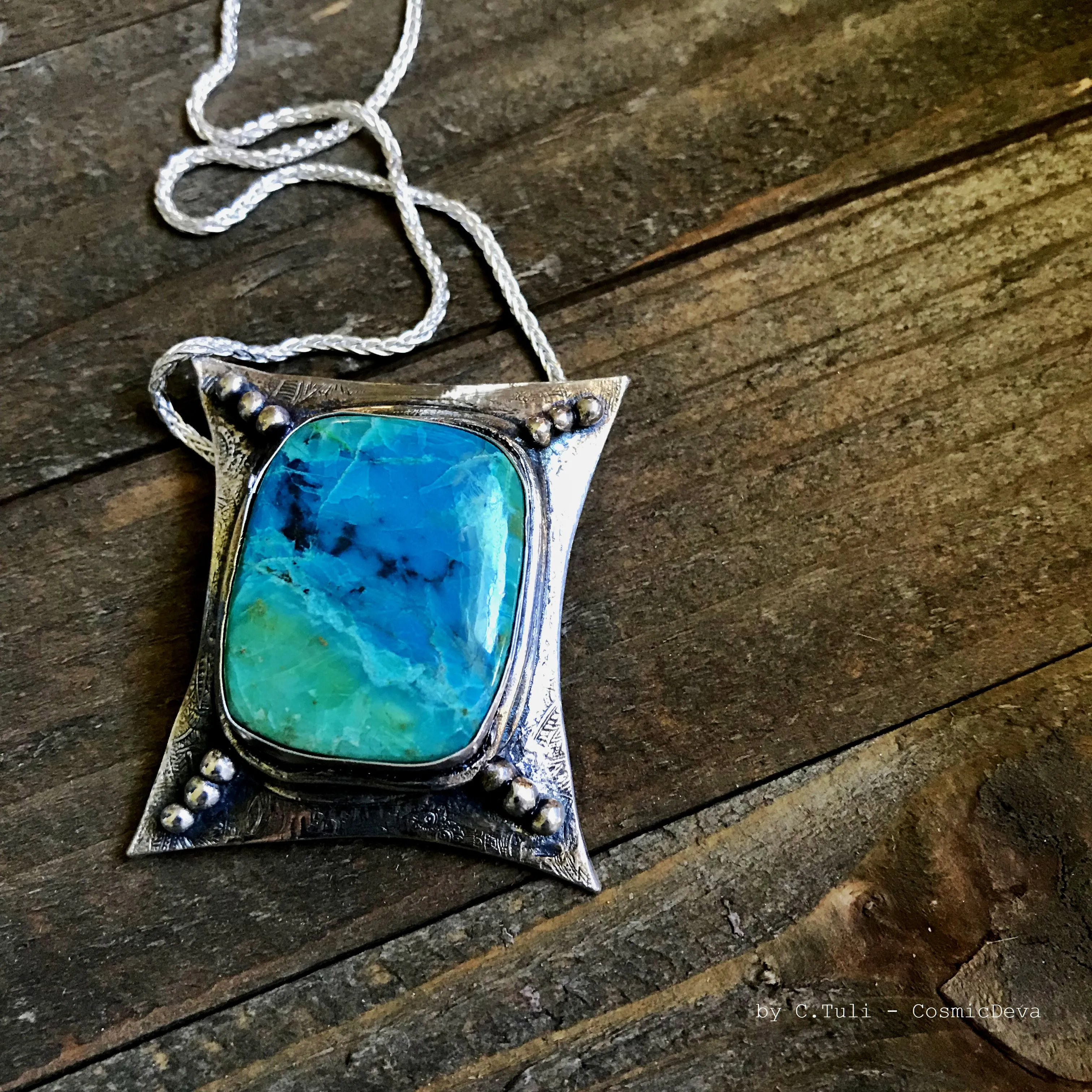 Sterling Silver Pendant Chrysocolla Necklace - Handcrafted