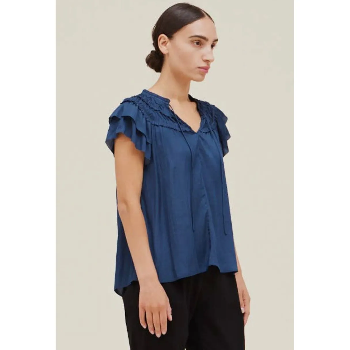 Tallulah Blue Ruffle Satin Sleeve Blouse Grade and Gather