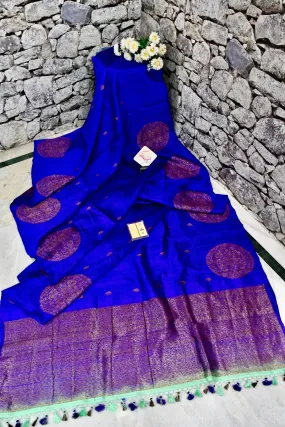 Ultramarine Blue Color Pure Raw Silk Banarasi Saree with Antique Zari Work