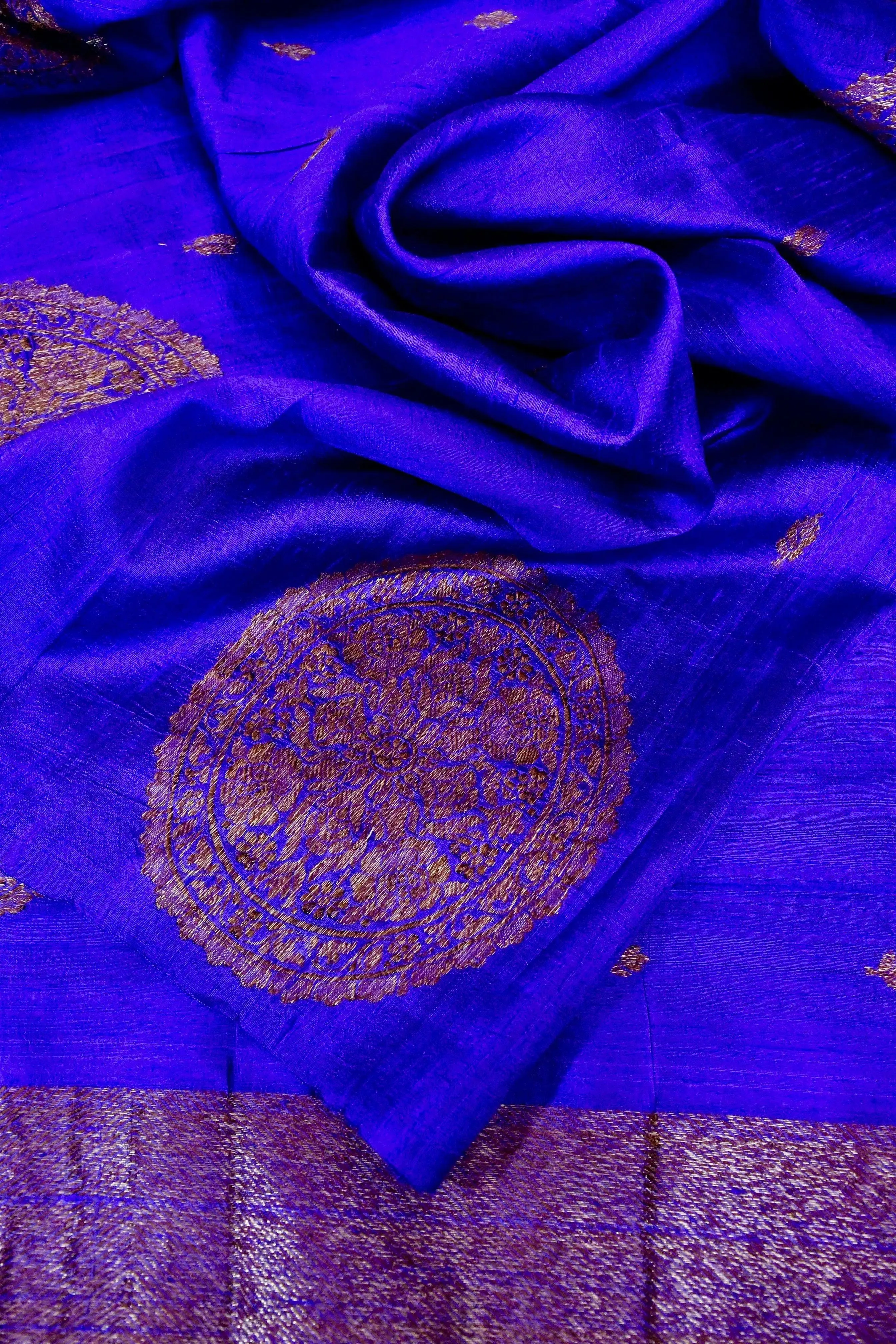 Ultramarine Blue Color Pure Raw Silk Banarasi Saree with Antique Zari Work