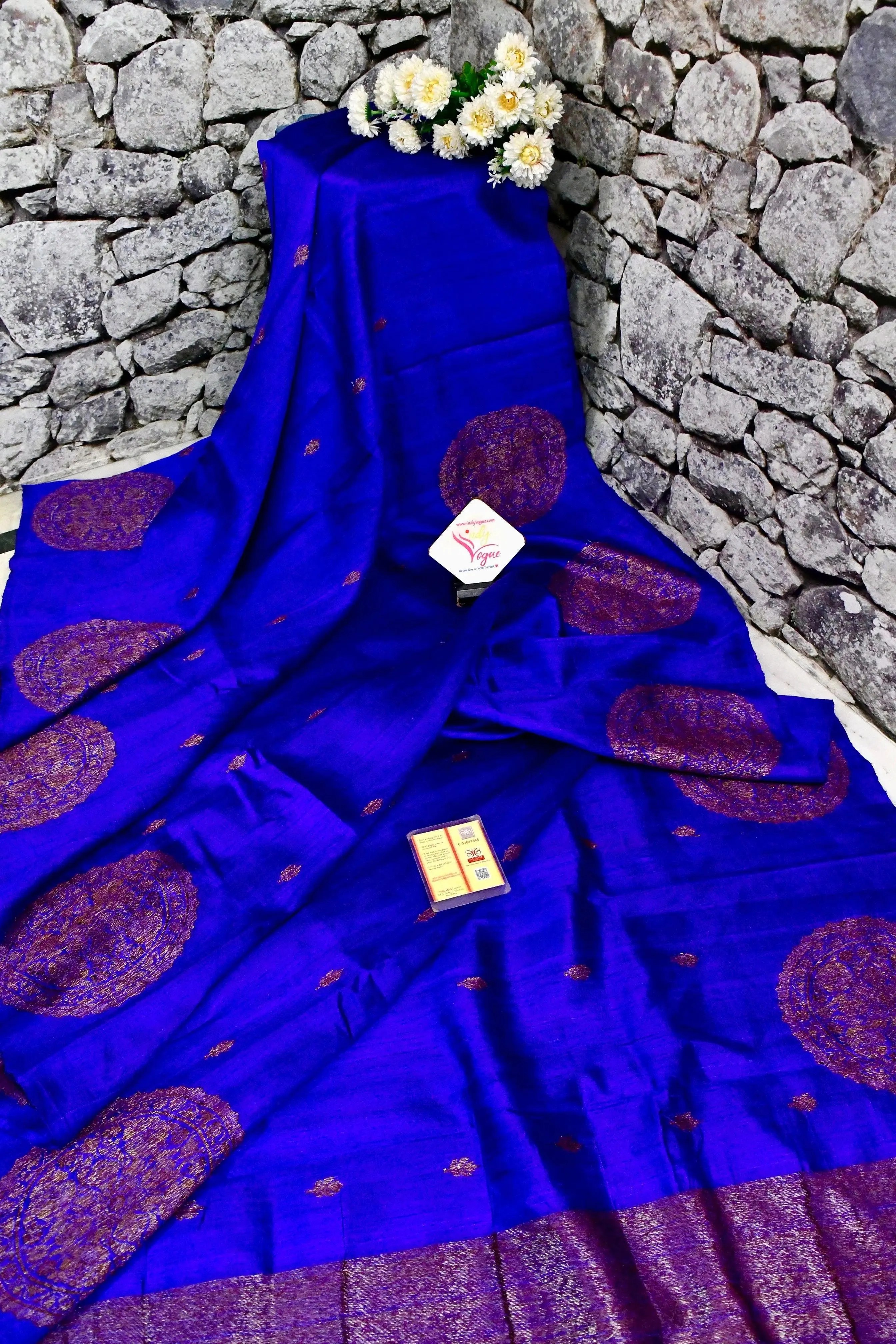 Ultramarine Blue Color Pure Raw Silk Banarasi Saree with Antique Zari Work