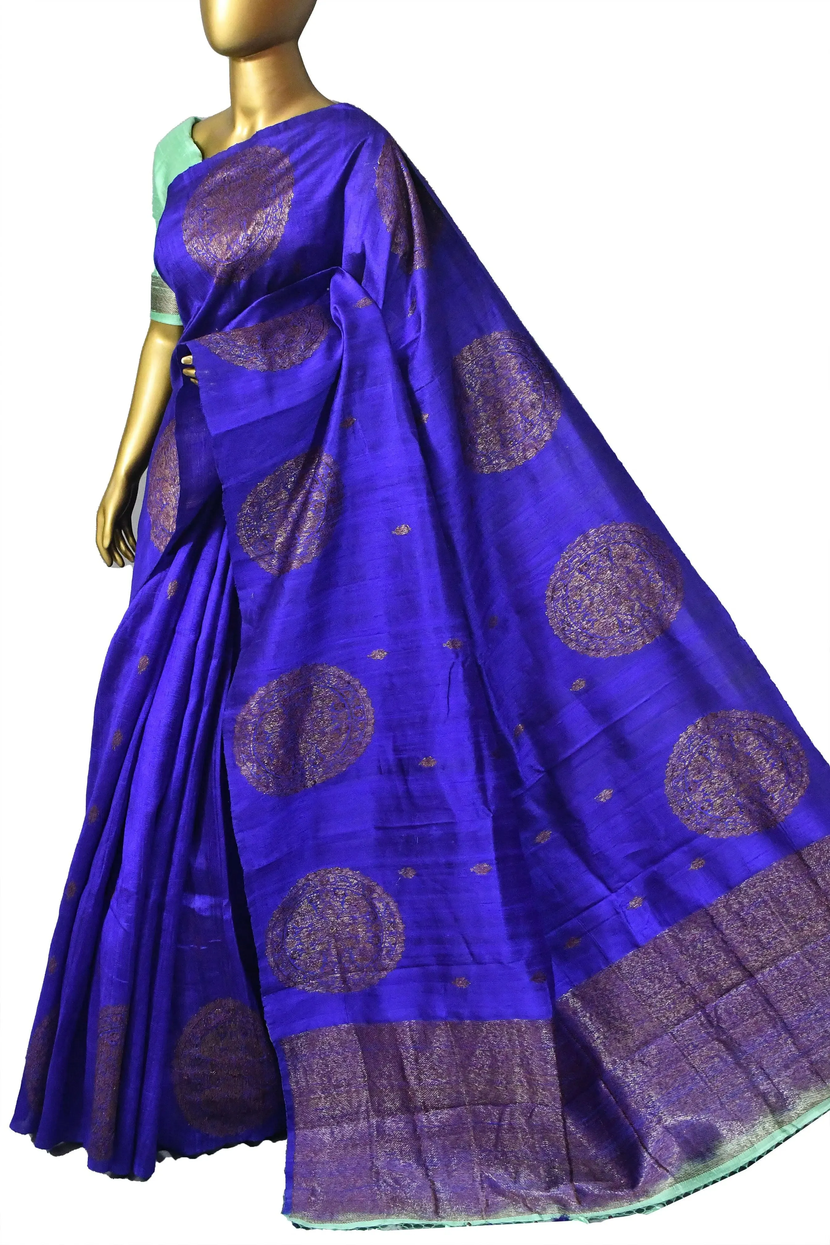 Ultramarine Blue Color Pure Raw Silk Banarasi Saree with Antique Zari Work