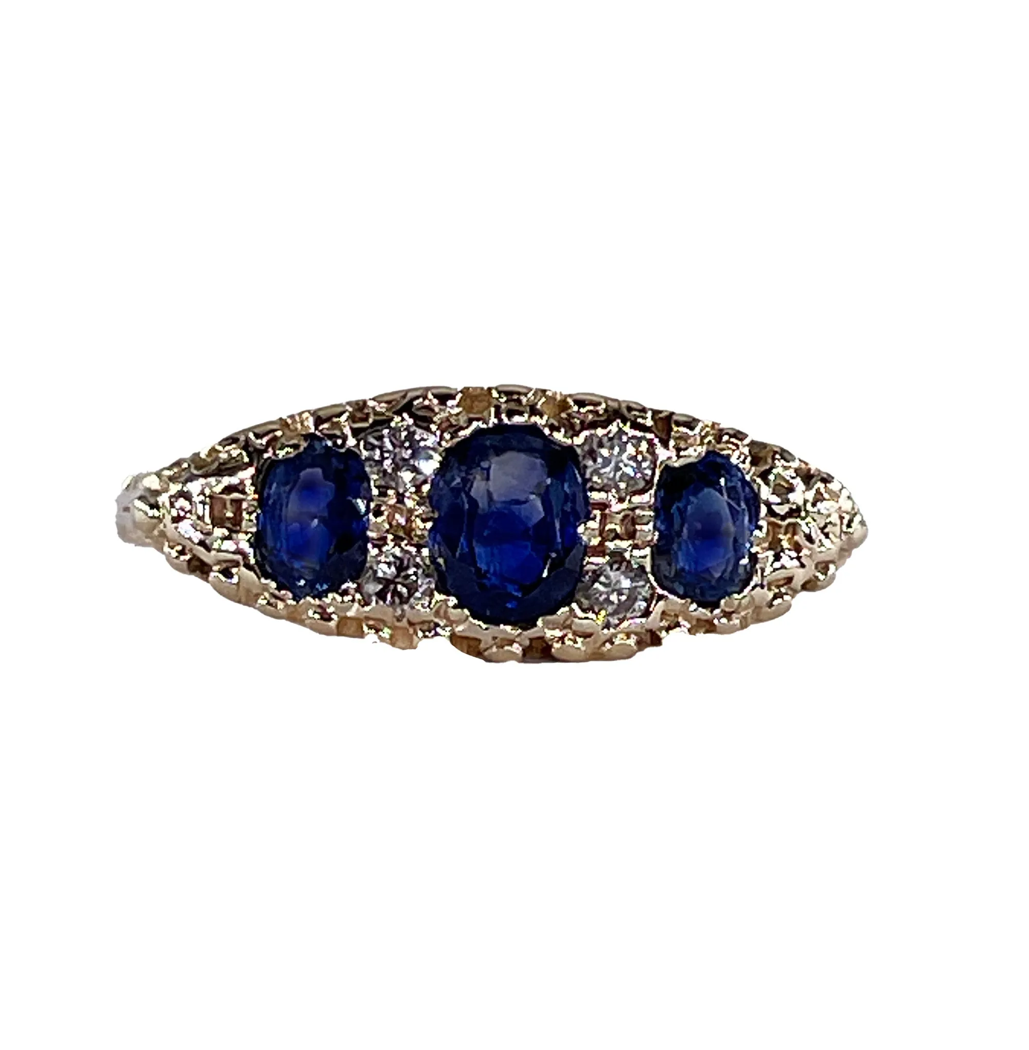 Victorian Revival 1.09ct Vintage GIA Blue Sapphire & Diamond Trilogy 16k Gold Ring