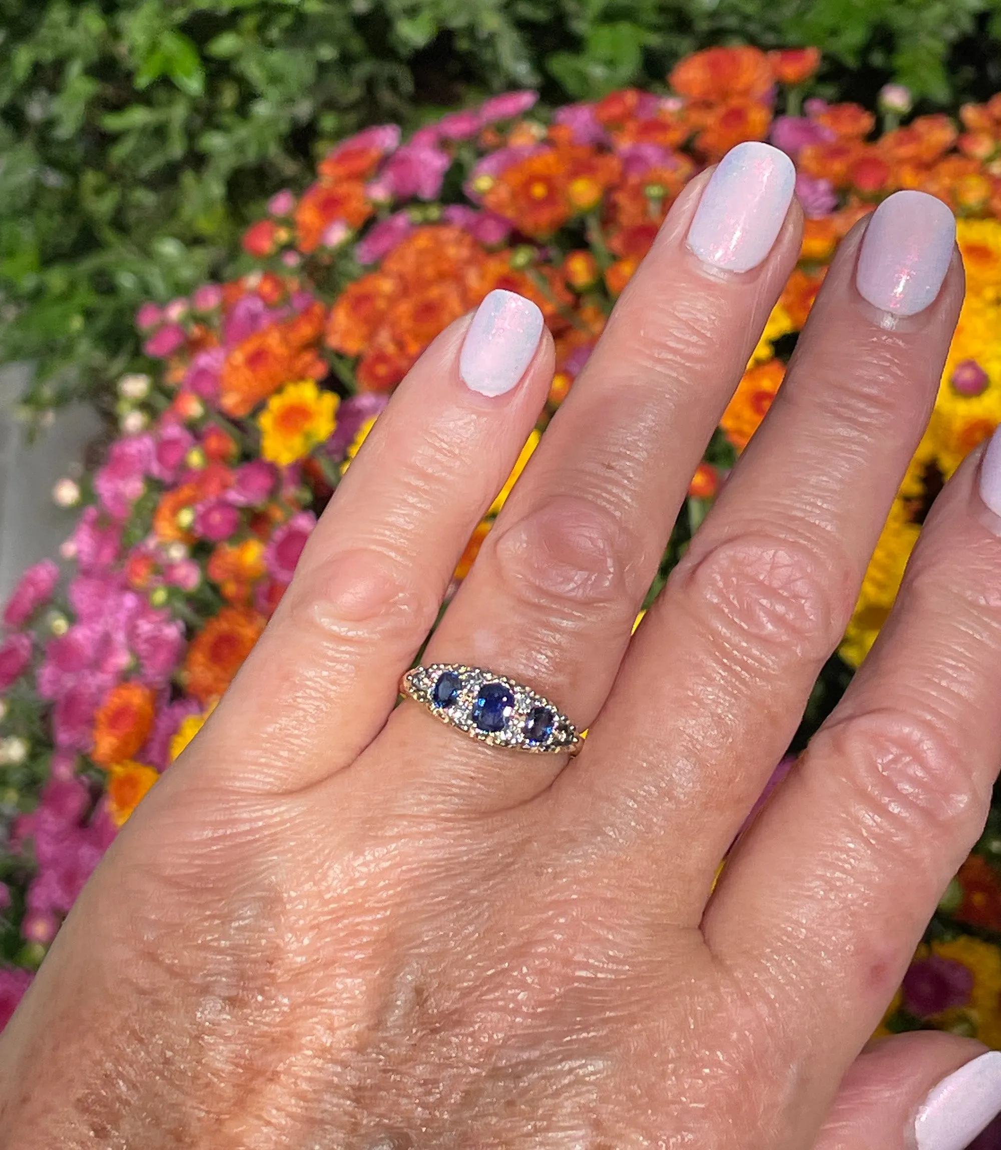 Victorian Revival 1.09ct Vintage GIA Blue Sapphire & Diamond Trilogy 16k Gold Ring