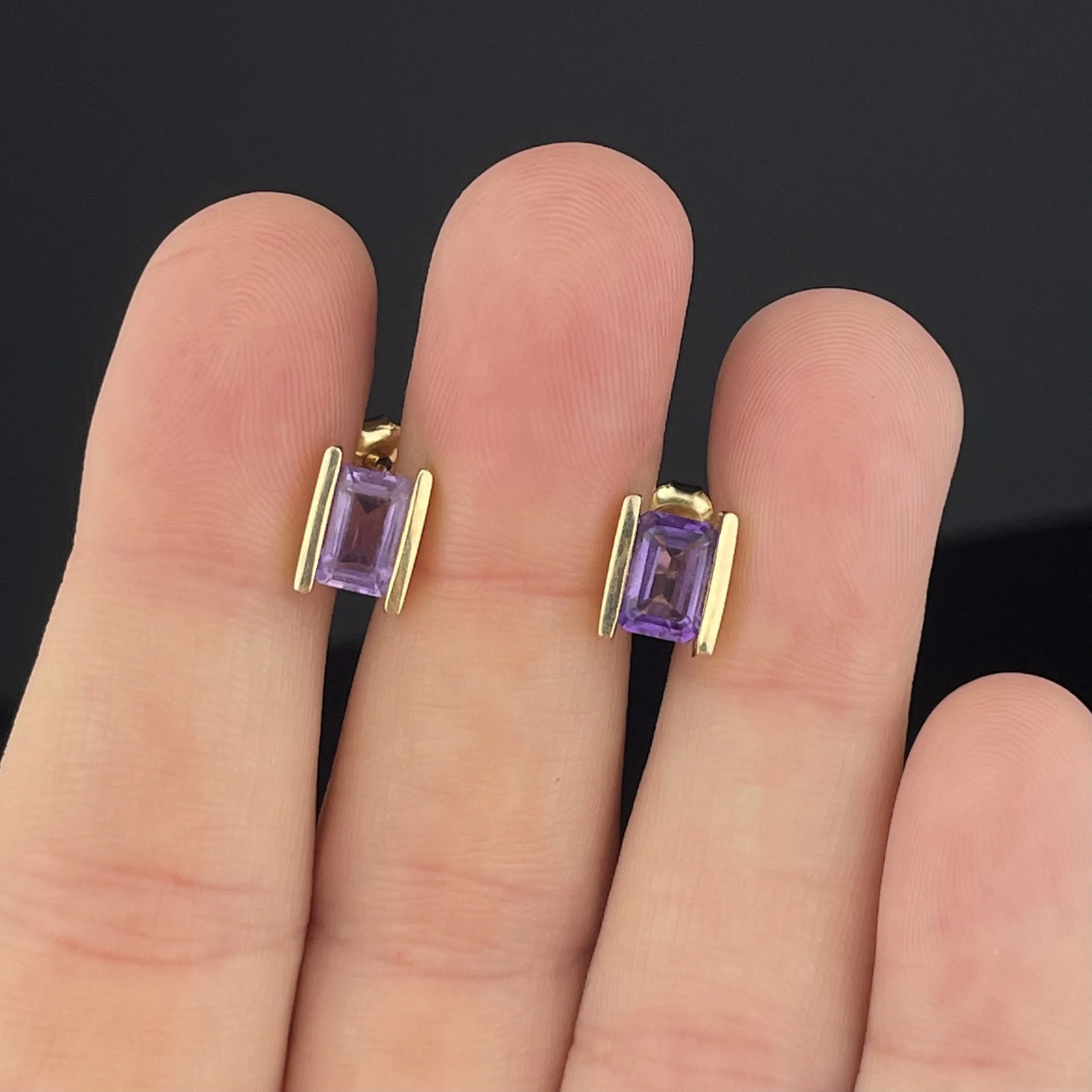 Vintage 14K Gold 1.3 CTW Amethyst Channel Set Stud Earrings