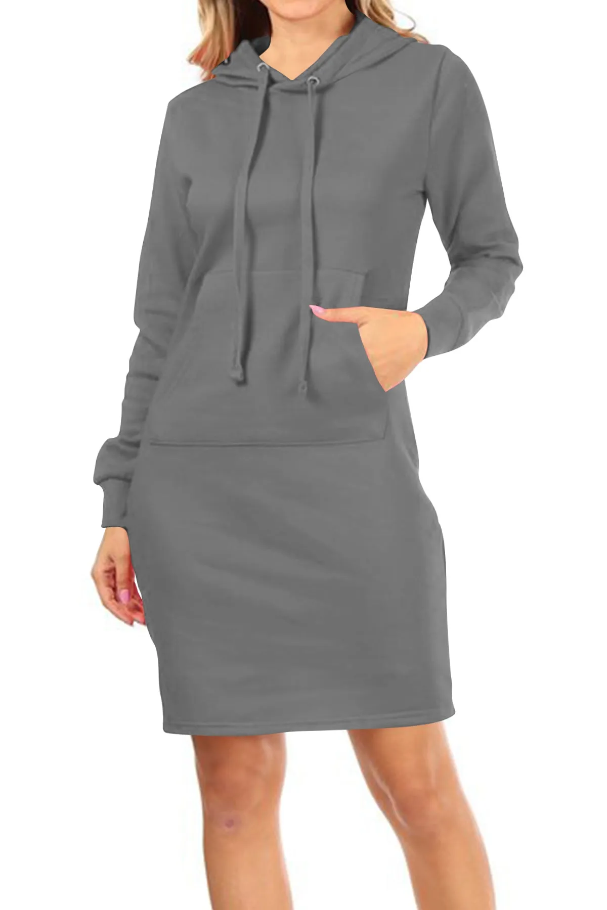 Women's Long Sleeve Fleece Pull On Mini Midi Solid Hooded Dress